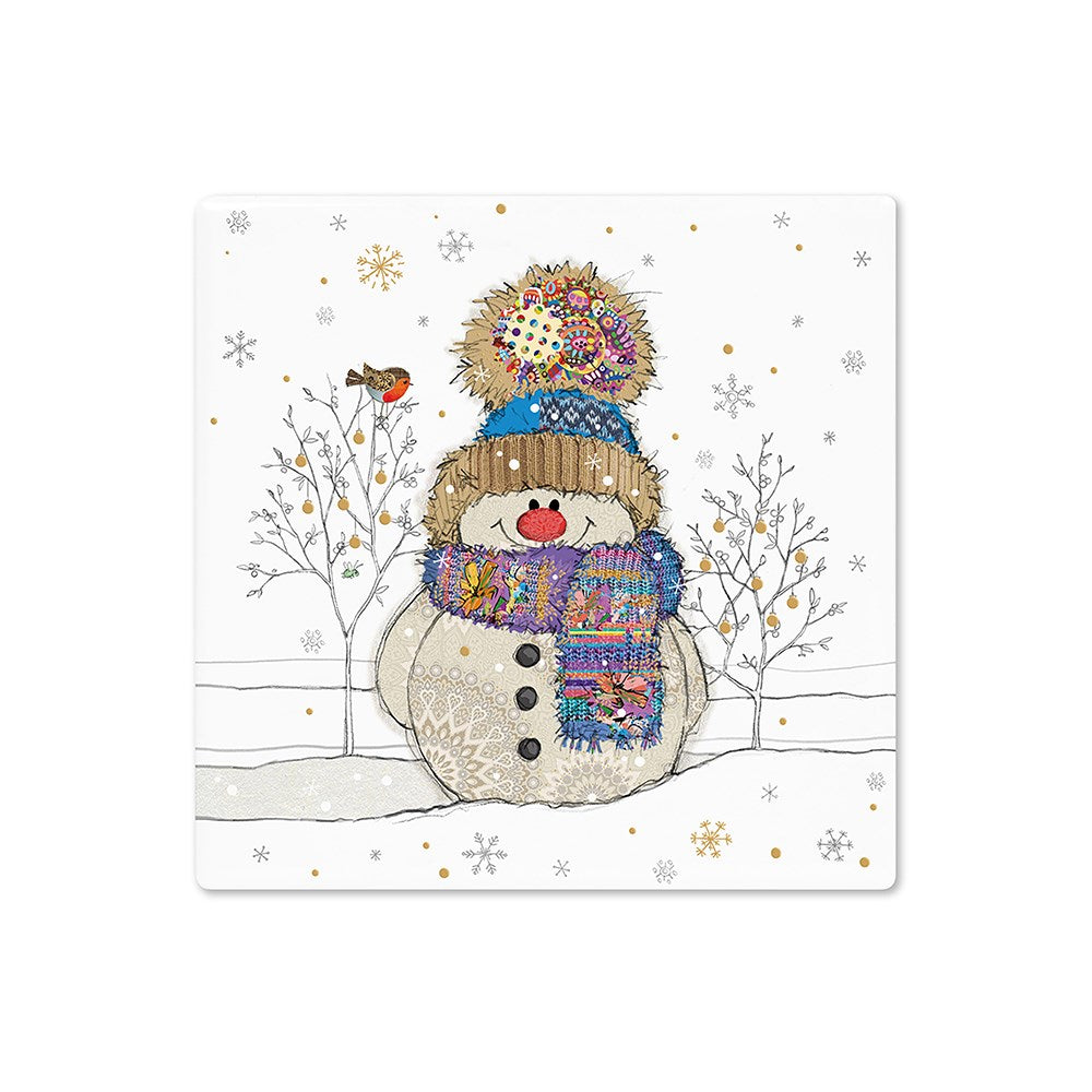 Colorful snowman with a scarf and hat on a winter scene background