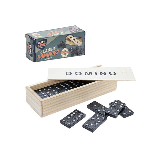 Domino set with wooden box and 'Retro Games' packaging on a white background