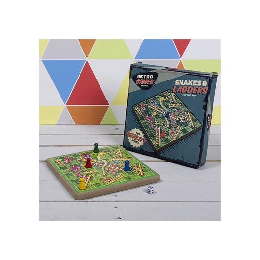Snakes and Ladders board game with packaging on a wooden surface and geometric background