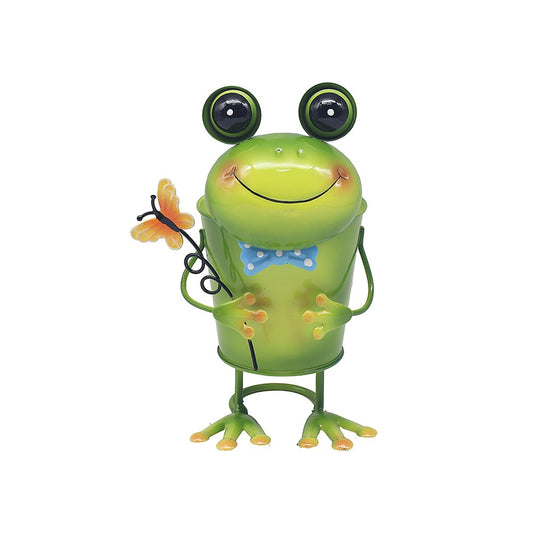 Green frog-shaped container with a bow tie holding a butterfly on a white background