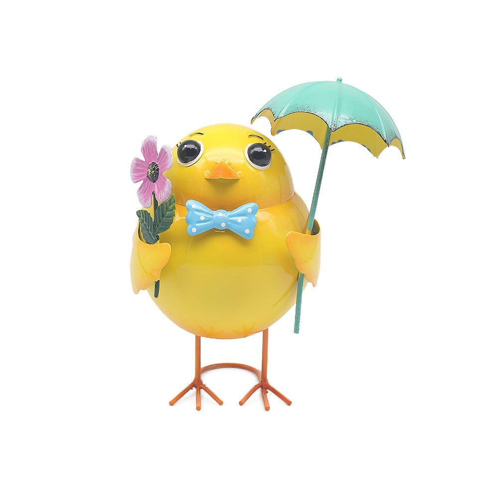 Yellow chick with green umbrella and pink flower