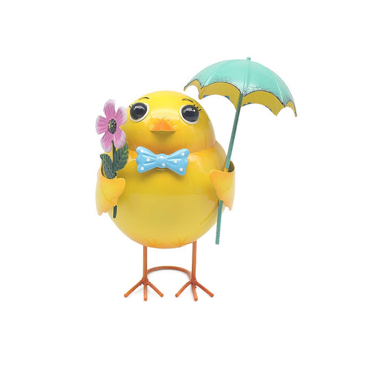 Yellow chick with green umbrella and pink flower