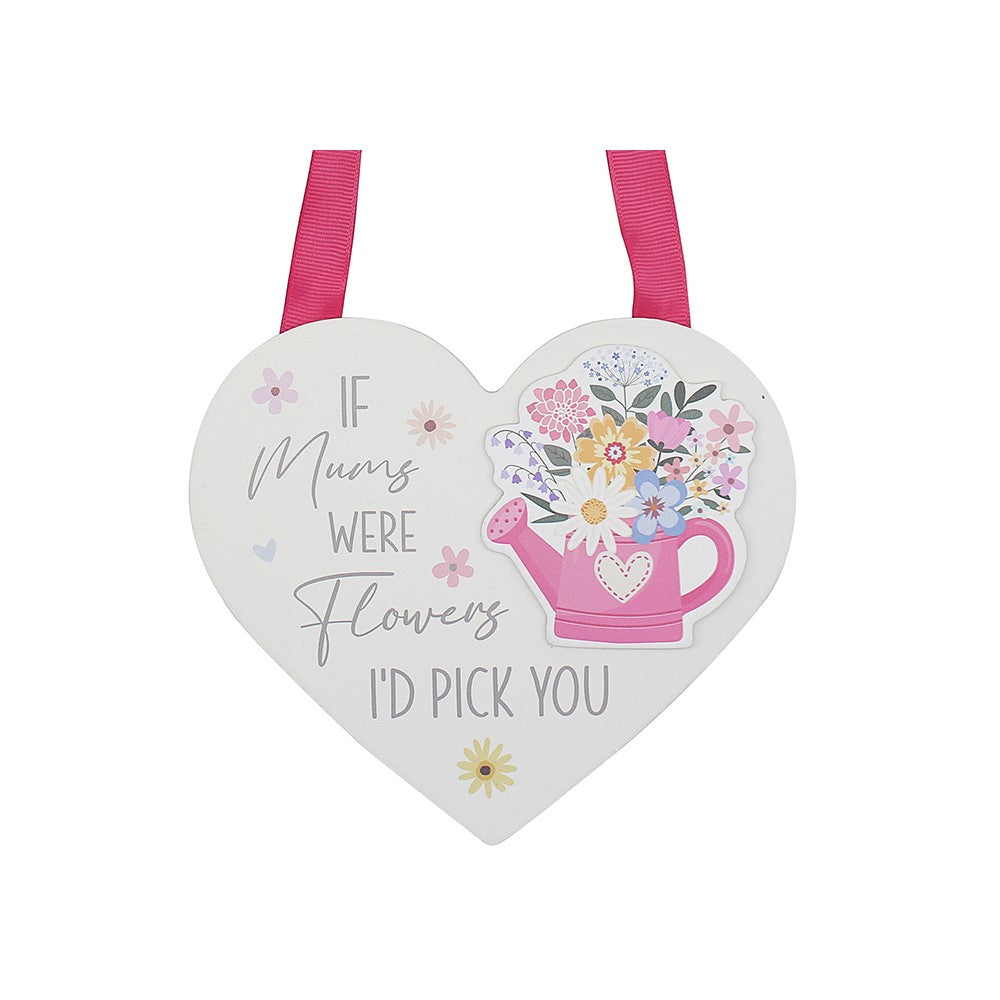 Heart-shaped decorative sign with floral design and text on a white background