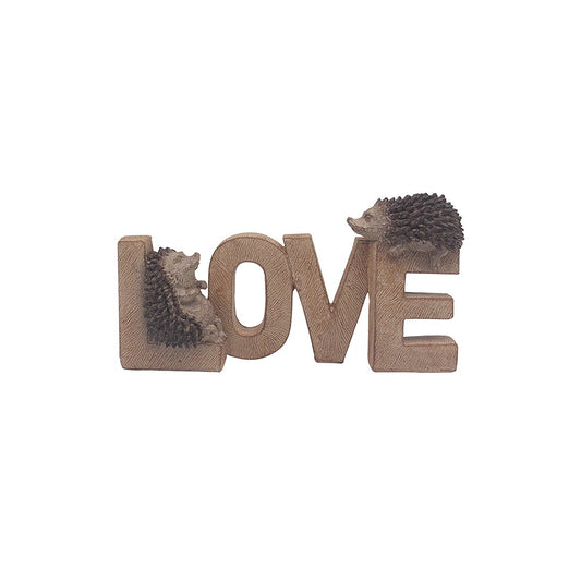 Decorative word 'LOVE' with hedgehog figures on a white background