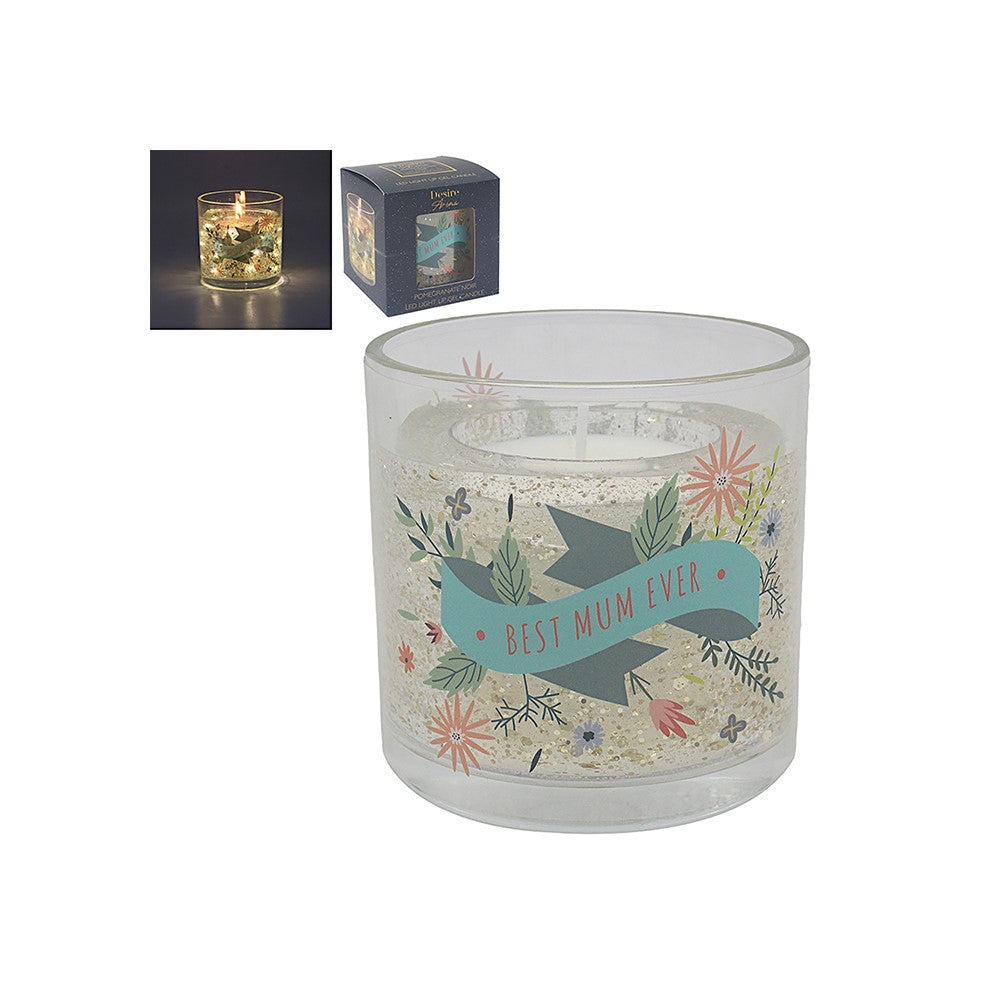 Decorative candle with 'Best Mum Ever' text and floral design, shown with packaging.