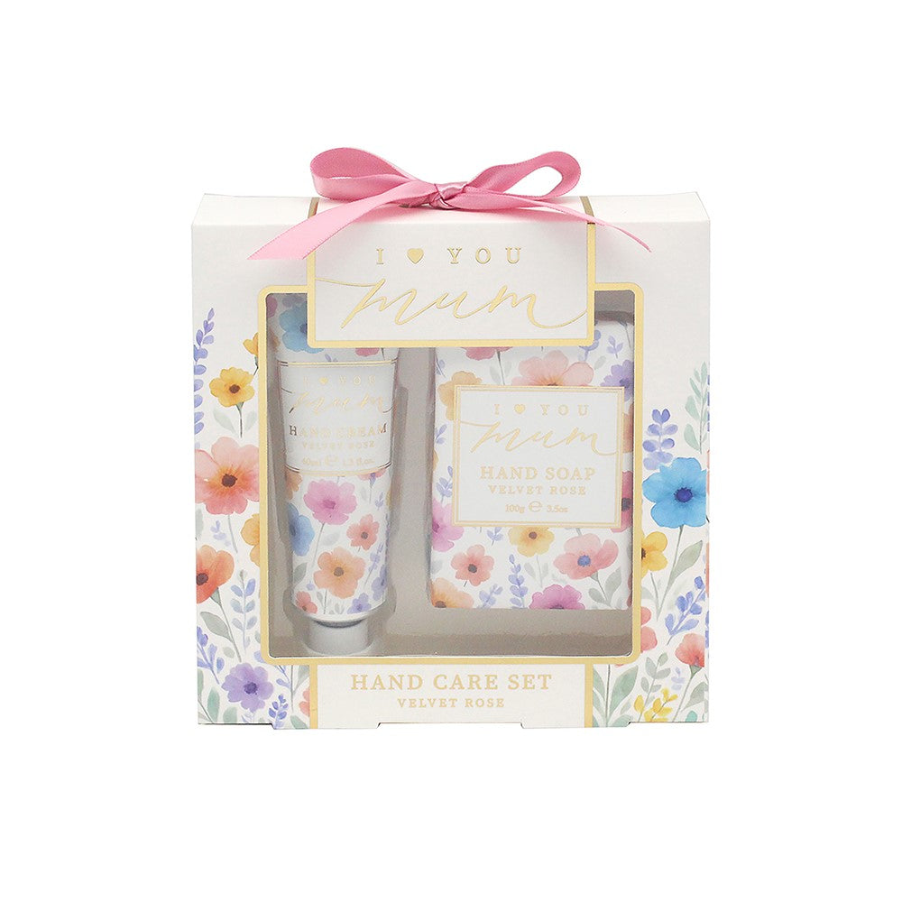 Hand care set with floral design packaging featuring 'I love you Mum' text.
