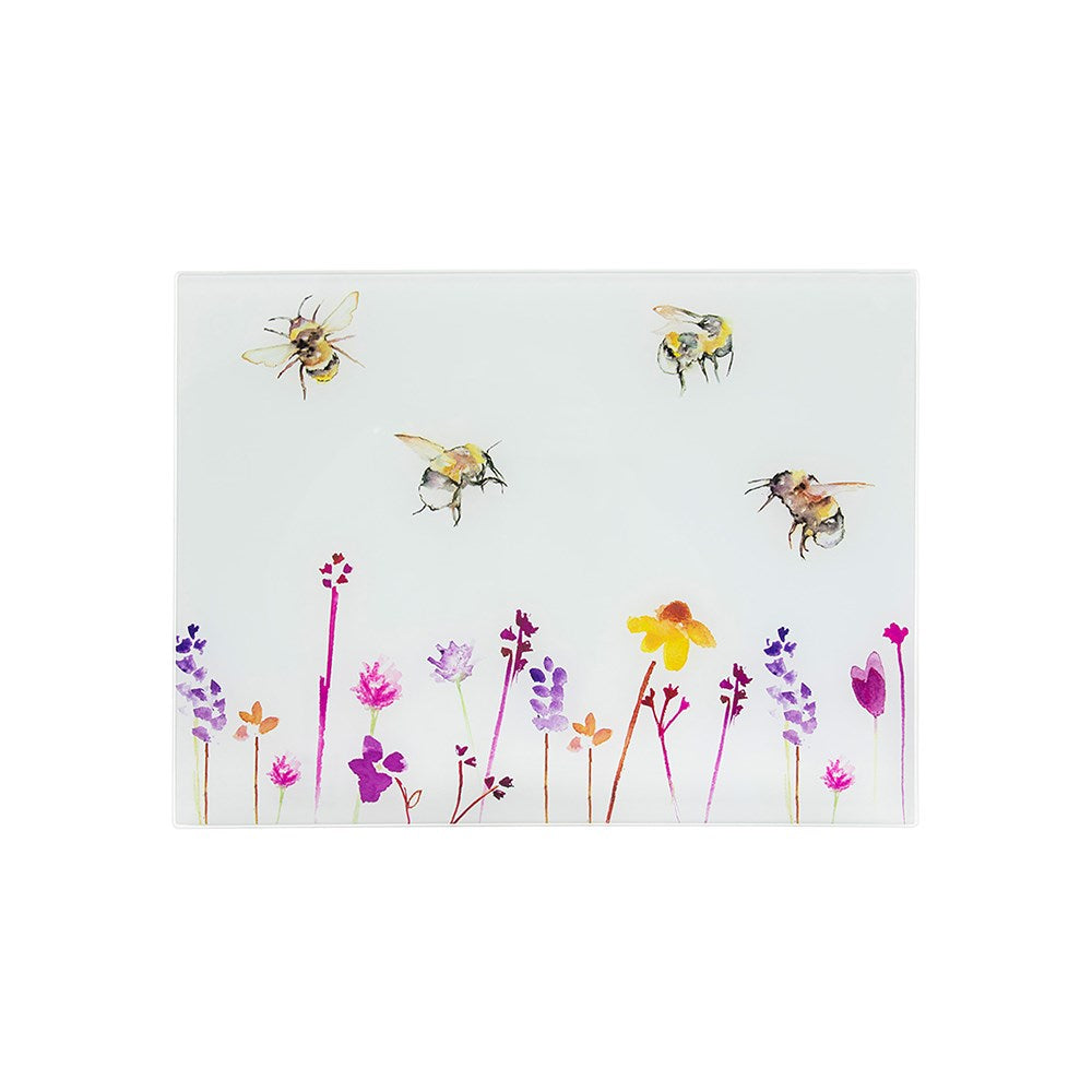 Chopping board with bee and flower design on a white background