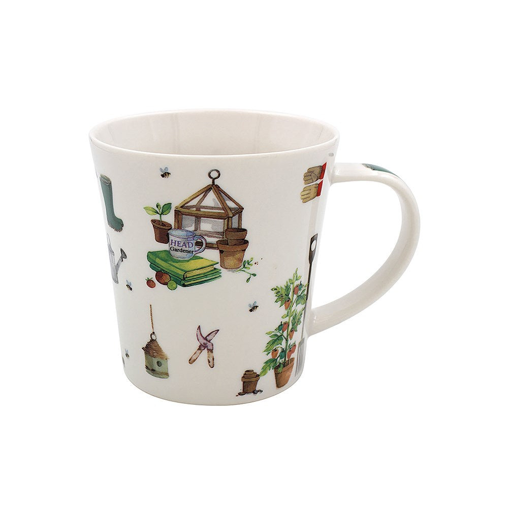 White mug with gardening-themed illustrations on a white background