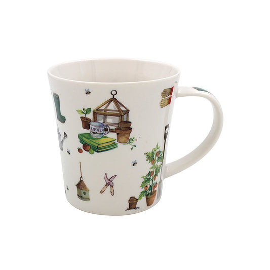 White mug with gardening-themed illustrations on a white background