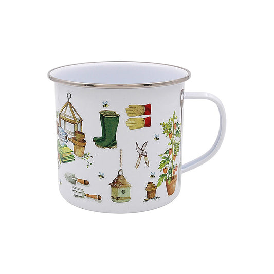 White mug with gardening themed decoration on a white background
