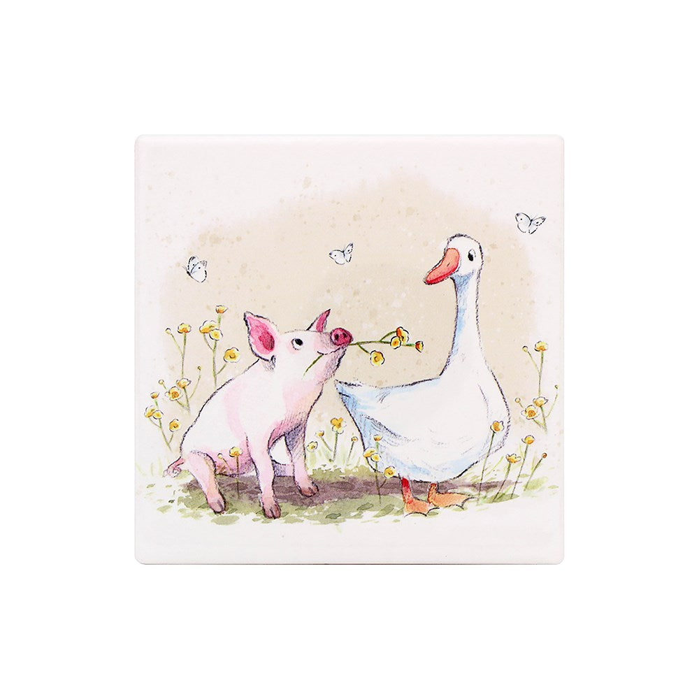 Illustration of a pig and a goose sharing a flower with butterflies in the background