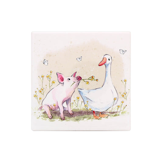 Illustration of a pig and a goose sharing a flower with butterflies in the background