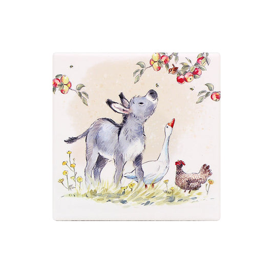 Illustration of a donkey, goose, and chicken with flowers and apples on a light background