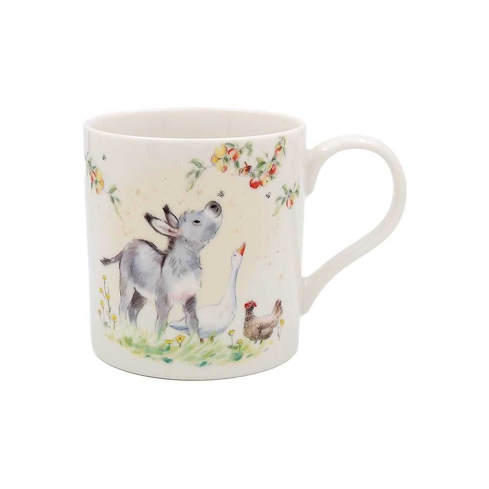 Mug with a donkey and chicken illustration on a white background