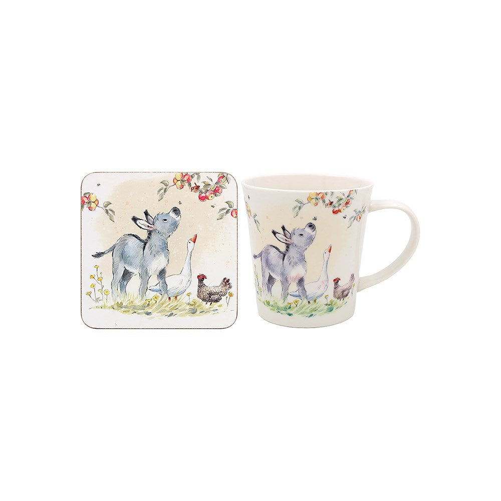 Mug and coaster set with dog and duck design on a white background