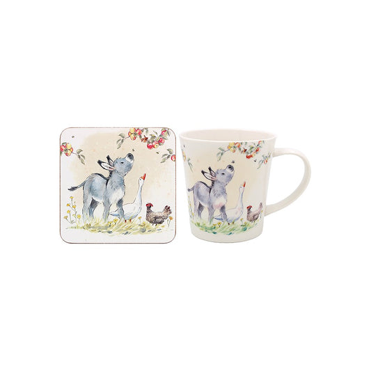 Mug and coaster set with dog and duck design on a white background
