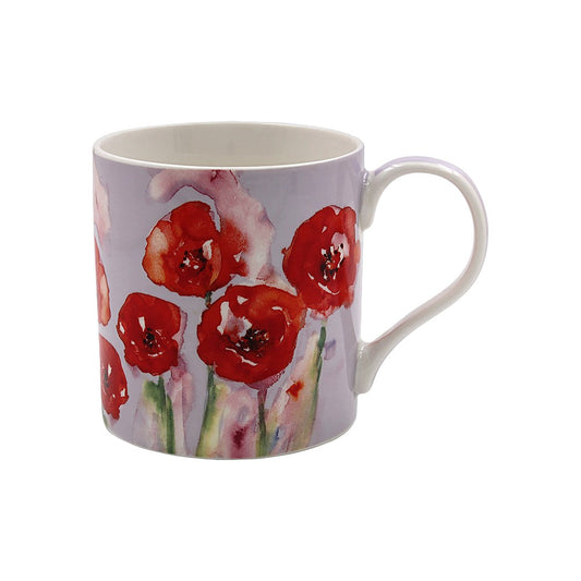 Mug with red floral design on a white background