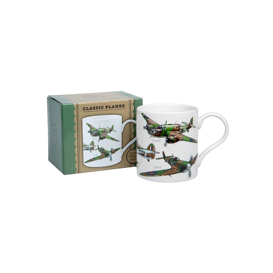 Mug with airplane design in a box labeled 'Classic Planes' on a white background