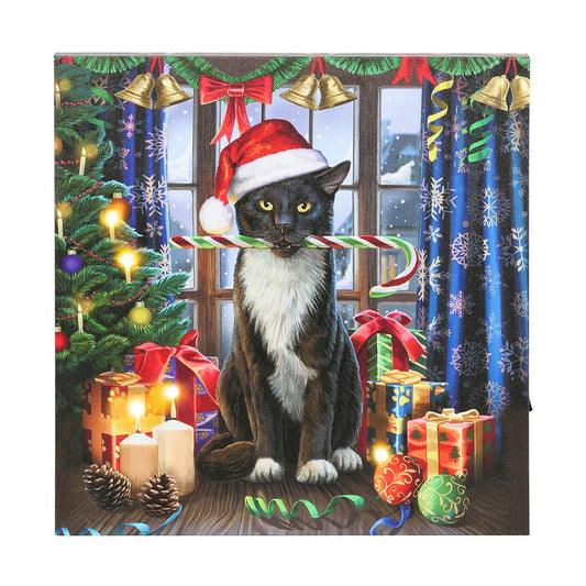 Cat wearing a Santa hat with Christmas decorations including a tree, presents, and lights.