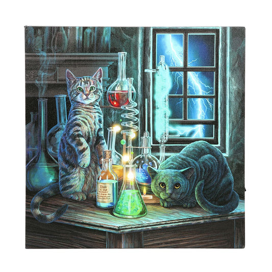 Two cats in a laboratory setting with various bottles and a window showing lightning.