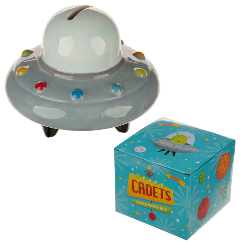 UFO-shaped piggy bank with a matching box labeled 'Cadets' on a white background