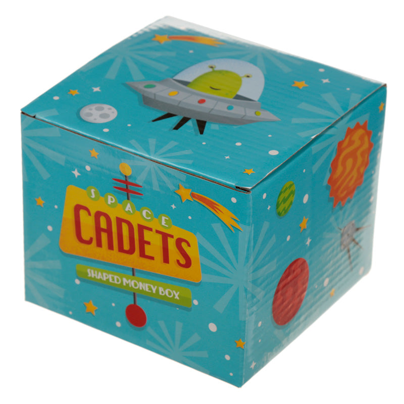 Children's money box with space-themed design on a white background