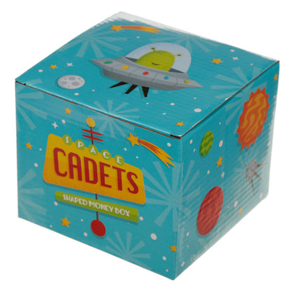 Children's money box with space-themed design on a white background