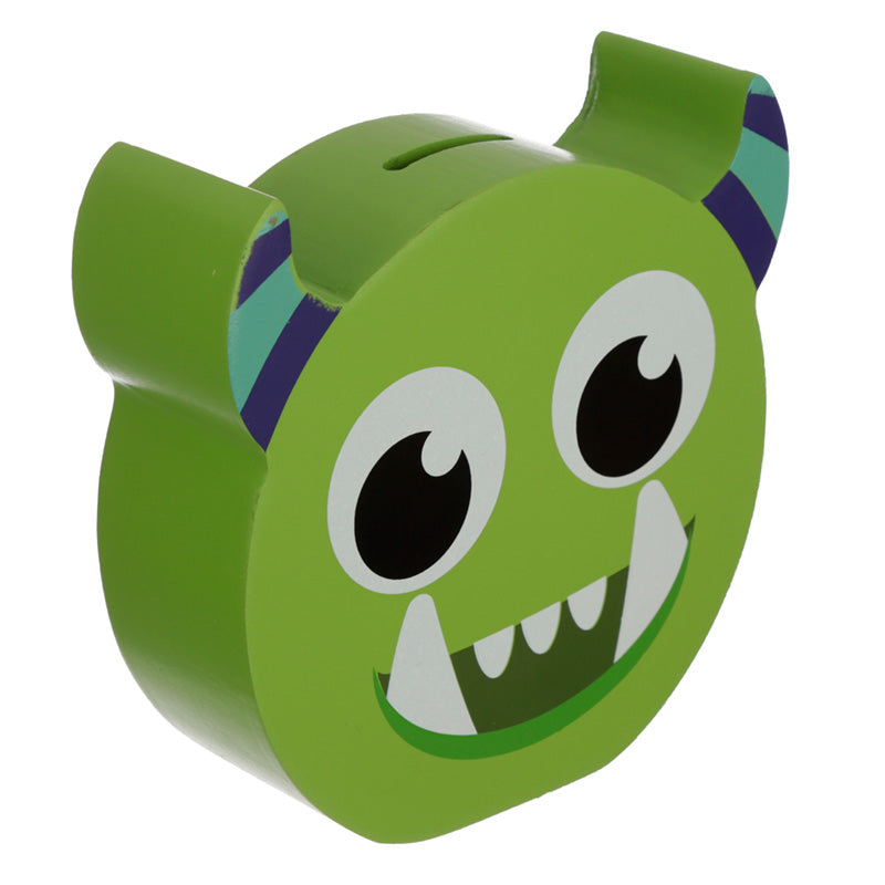 Green monster-shaped piggy bank on a white background