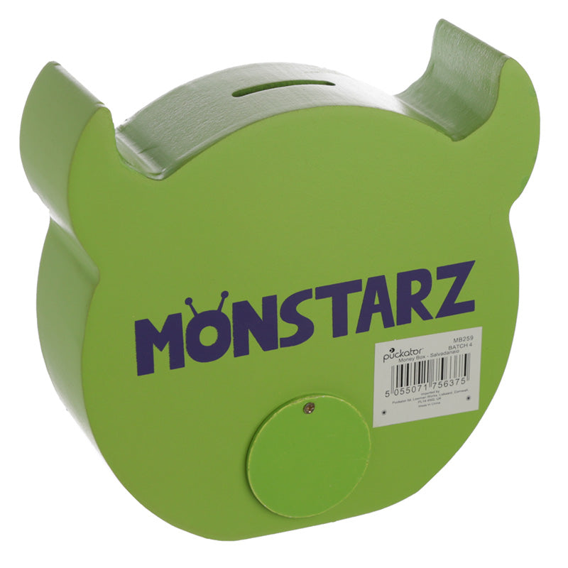 Green piggy bank shaped like a monster with 'MONSTARZ' branding on a white background