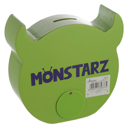 Green piggy bank shaped like a monster with 'MONSTARZ' branding on a white background