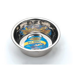 Stainless steel pet bowl with a label on a white background