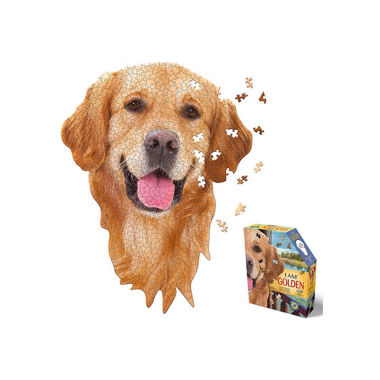 Jigsaw puzzle of a dog's face with a completed puzzle and packaging on a white background
