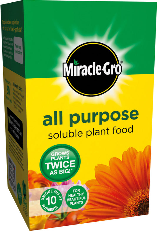Box of Miracle-Gro all-purpose soluble plant food with a green and yellow design.