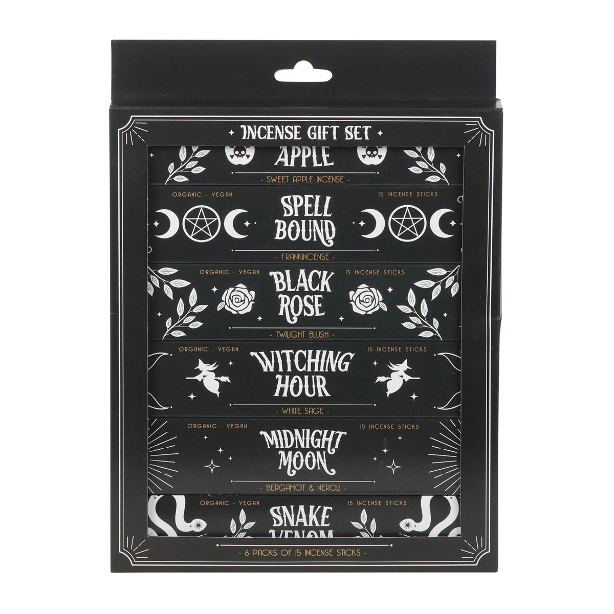 Incense gift set packaging with various incense names on a black background