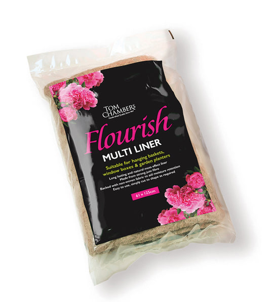Packaged product labeled 'Flourish Multi Liner' with pink floral graphics on a white background