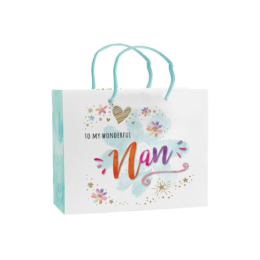 Gift bag with 'To my wonderful Nan' text and decorative elements on a white background