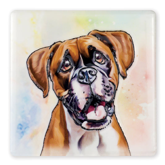 Coaster with a brown and white dog illustration on a colorful background