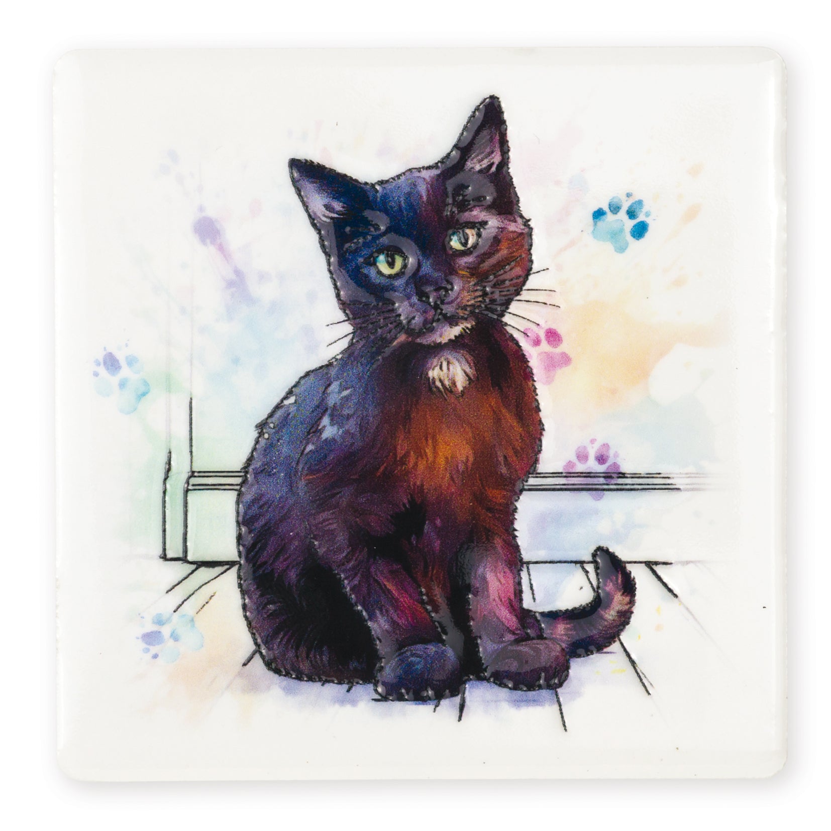 Colorful illustration of a black and brown cat on a white background with paw prints.
