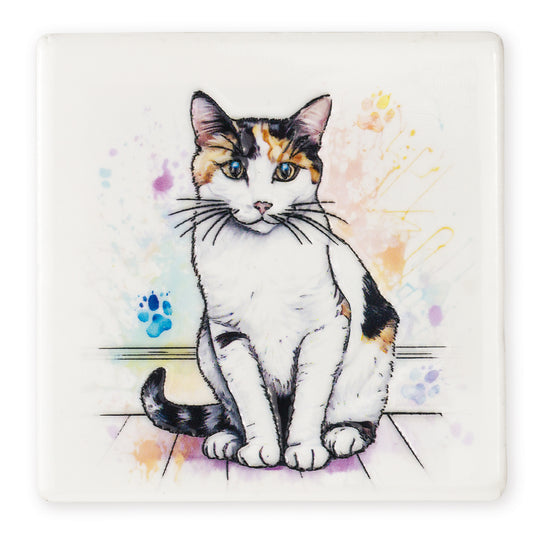 Calico cat illustration on a colorful watercolor background