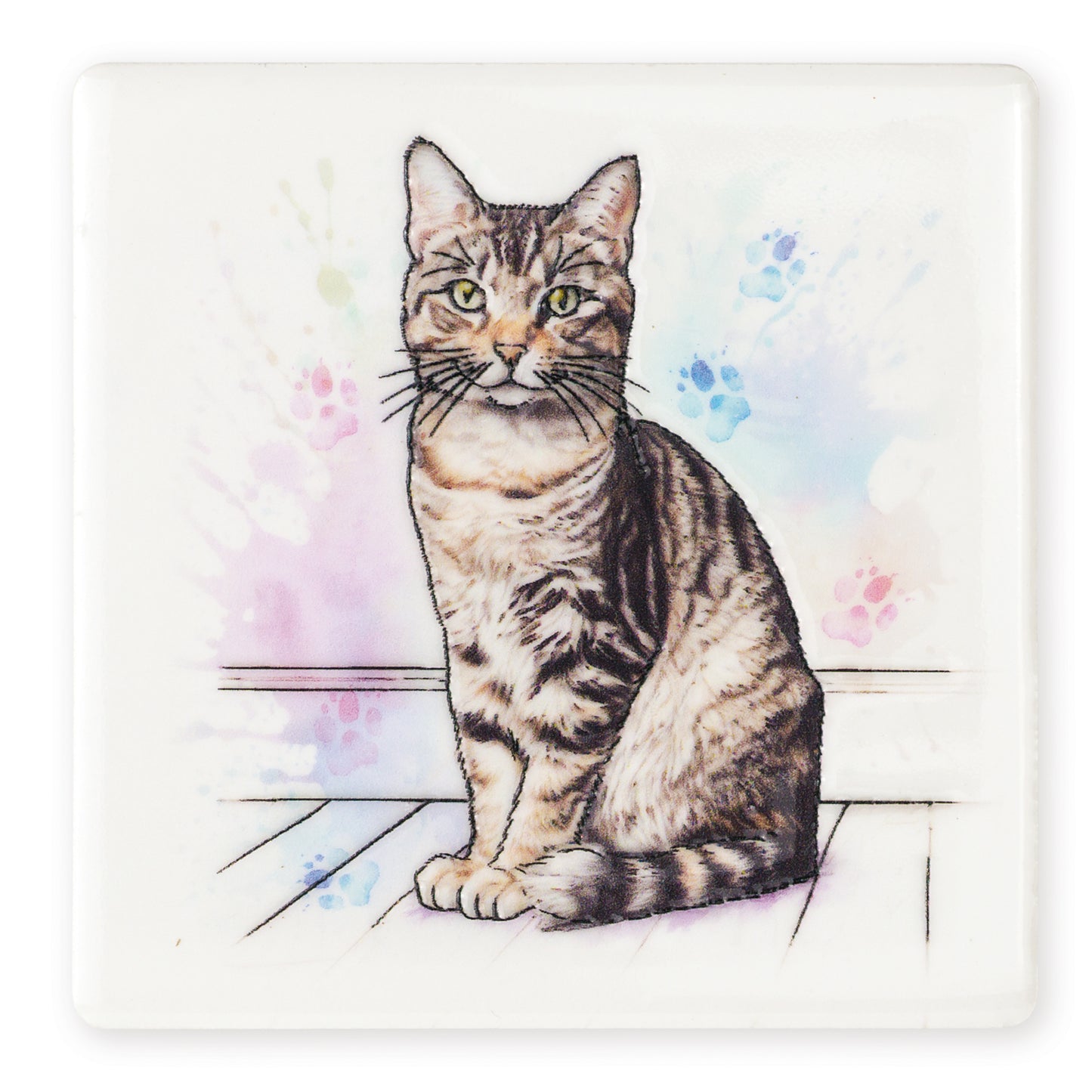 Illustration of a tabby cat on a watercolor background
