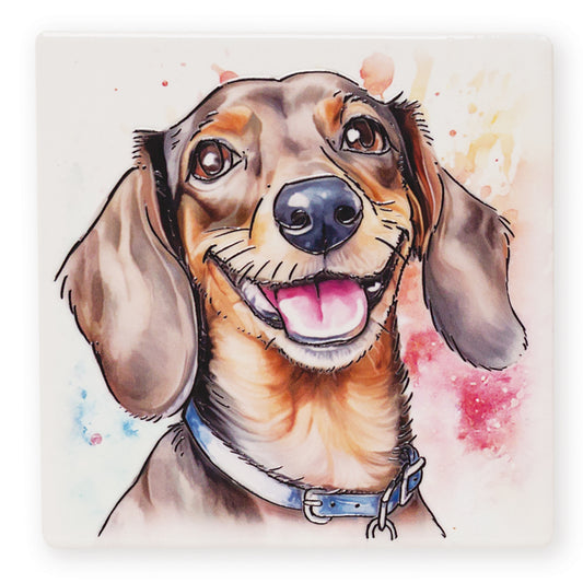 Illustration of a dachshund with a happy expression on a colorful background