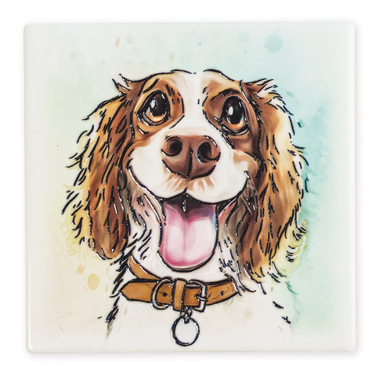 Illustration of a dog with a collar on a light blue background