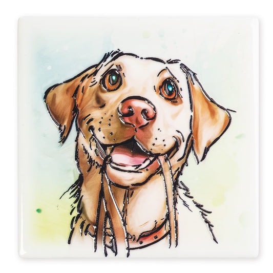 Illustration of a dog's face with a watercolor background