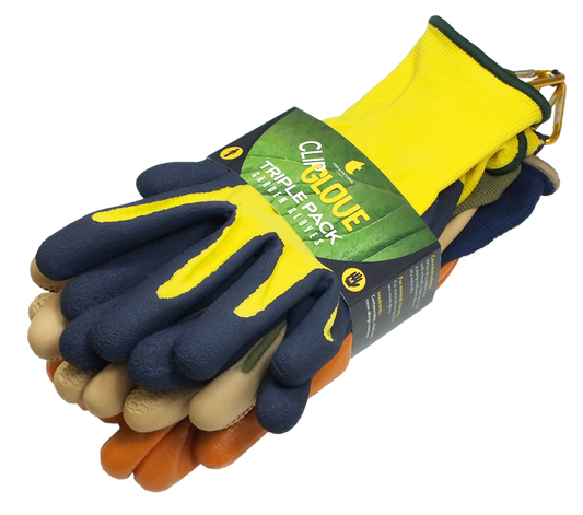 Pair of blue and yellow gardening gloves with a Gubloue label on a white background
