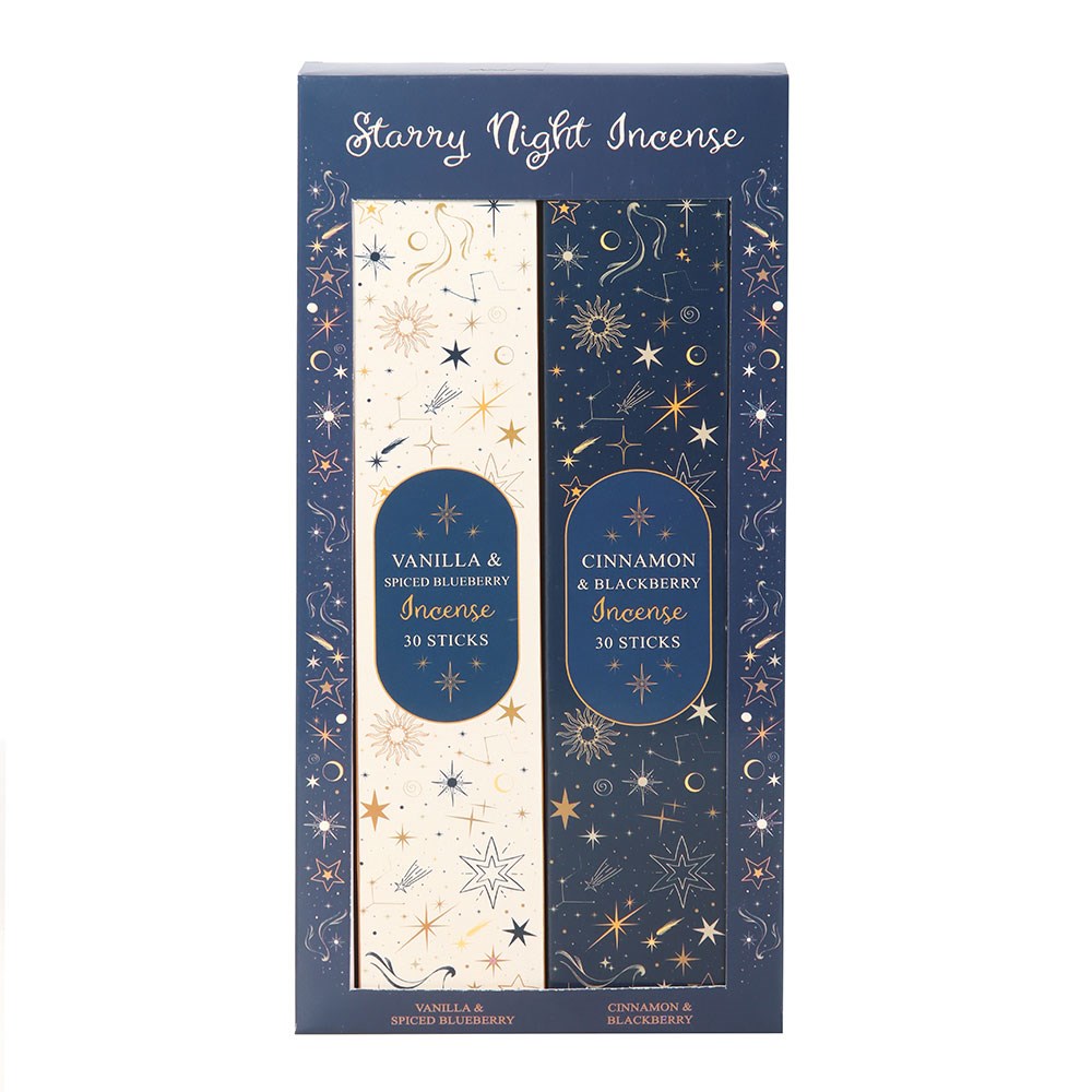 Starry Night Incense packaging with vanilla and spice blueberry on one side and cinnamon and blackberry on the other, against a white background.