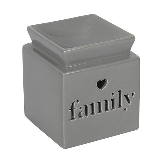 Gray square wax warmer with 'family' and heart design on a white background