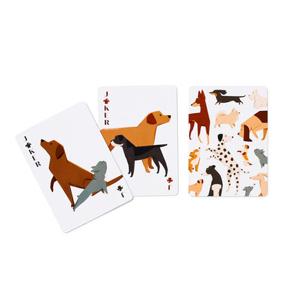 Playing cards with dog illustrations on a white background