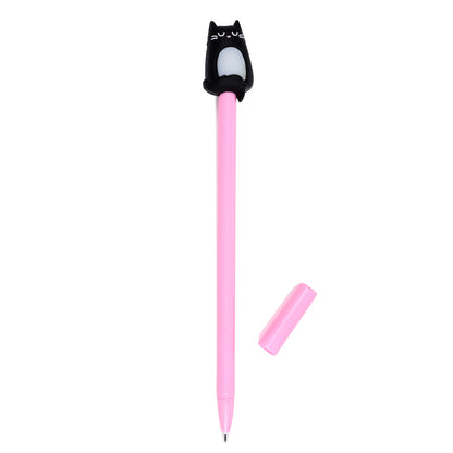 Pink pen with a black cat-shaped cap on a white background