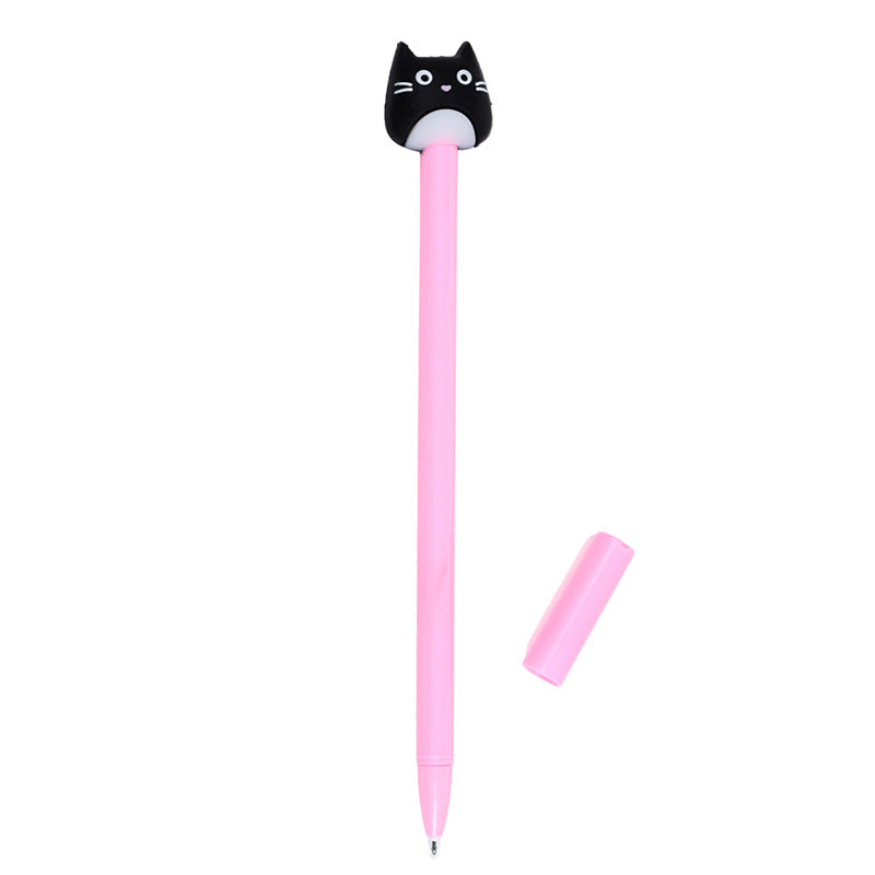 Pink pen with a black cat-shaped cap on a white background