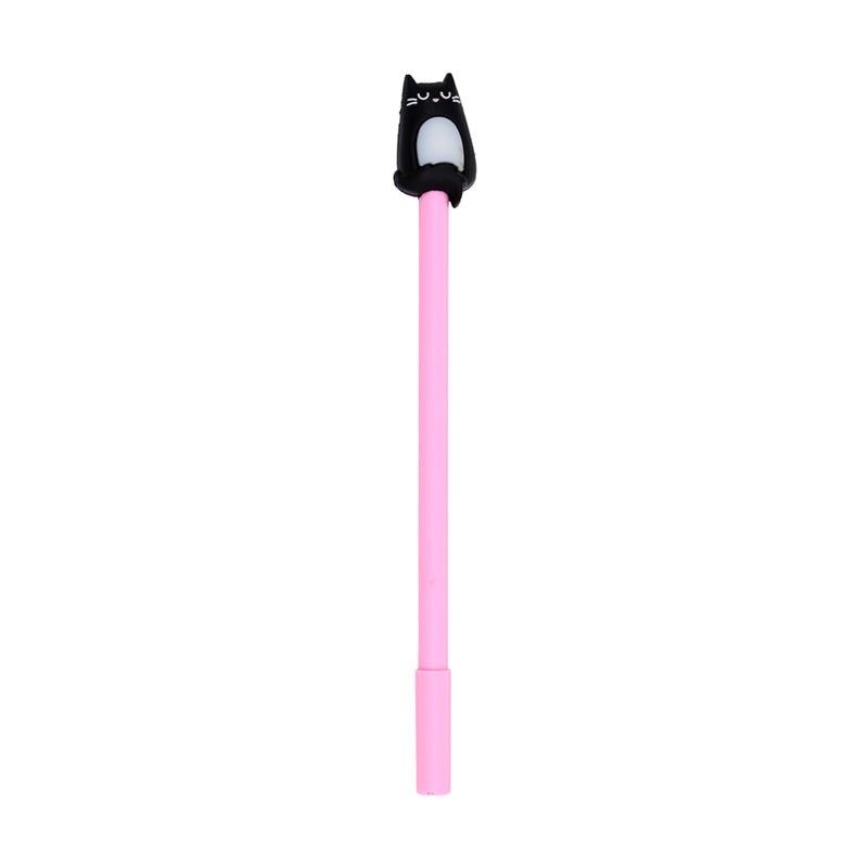 Pink pen with a black cat-shaped cap on a white background